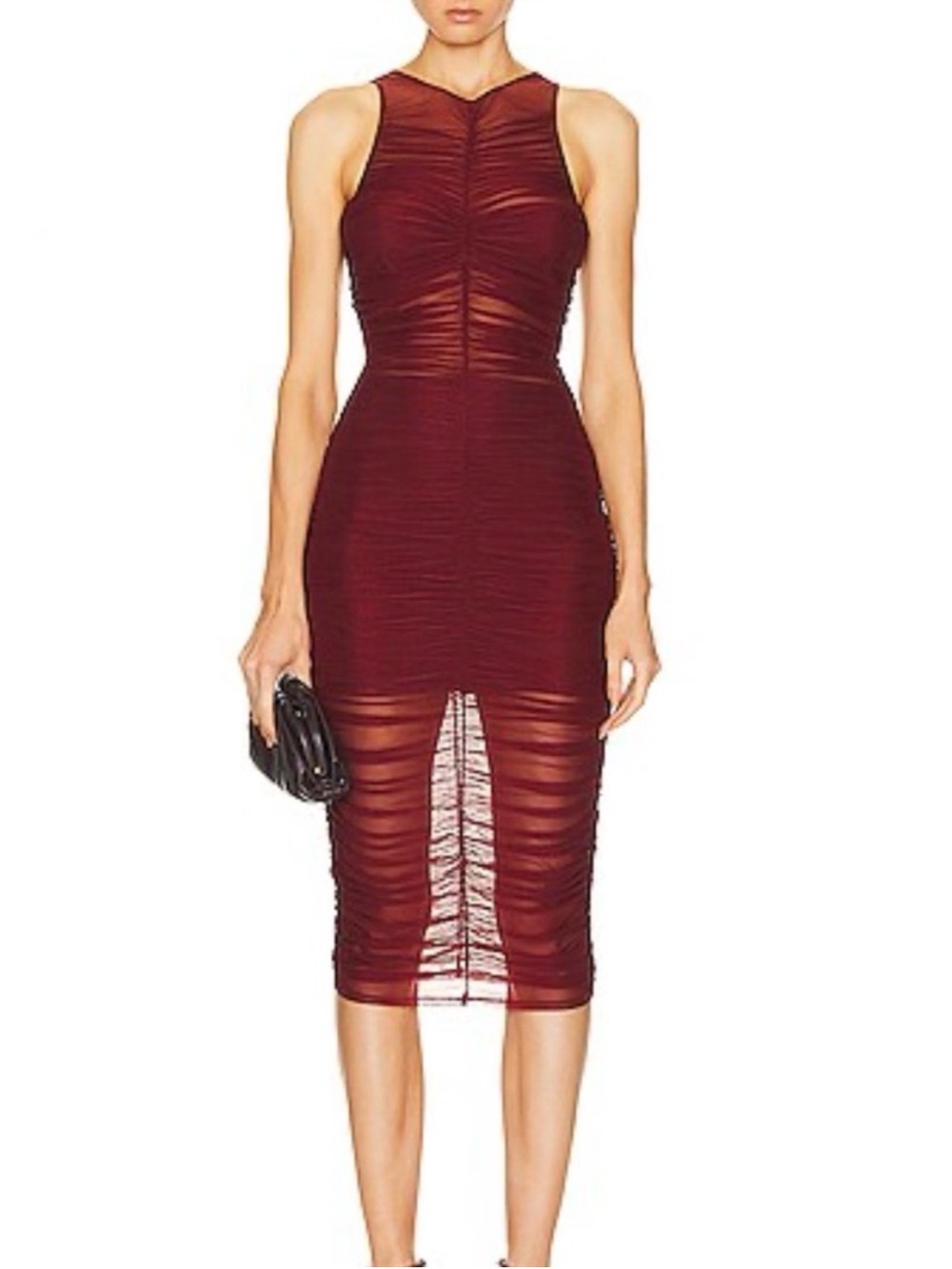 Fleur du Mal Burgundy Ruched Sheer-Panel Midi Dress